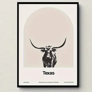 1pc 2D Frameless Large Wall Art Poster, Texas Longhorn with State Outline Frameless Wall Art - Minimalist Texas Cowhide Print, Lone Star Flag Design, Suitable for Home, Office, Cafe, Ranch Decor - Iconic Texas Shape Frameless Map Artwork, 2D Flat