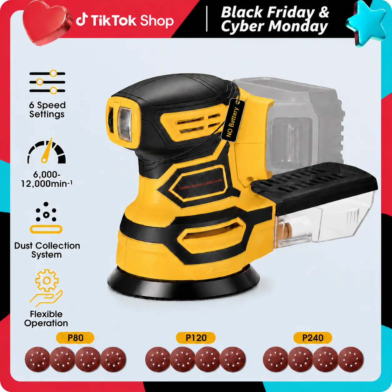 Brushless Cordless Random Orbital Polishing Sander (Power Tool, No Battery), 5-in Pad, 6-Speed (6000-12000 RPM), Dust Collection, 12 Abrasive Sandpaper Sheets, DEWALT 20V Battery Compatible, for Wood/Metal Sanding & Paint Removal, Abrasive Sandpaper Polis
