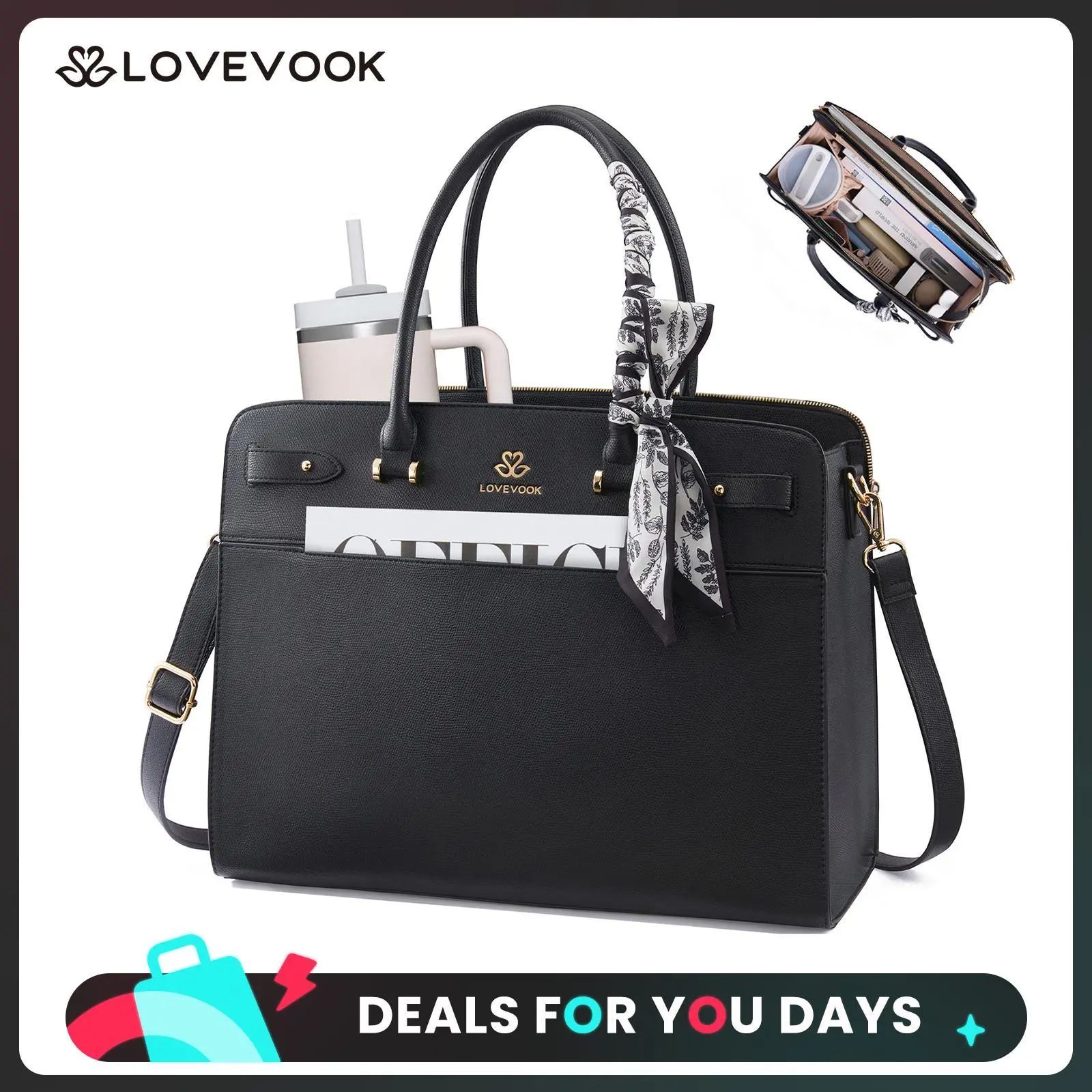 LOVEVOOK Laptop Tote Bag for Women, PU Leather Work Bag Waterproof Briefcase Handbag for Teacher Business with Silk Scarf