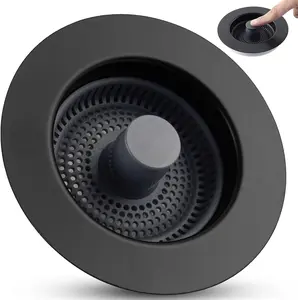 3 in 1 Kitchen Sink Drain Strainer Stopper Combo, Black Stainless Steel Shell Pop Up Sink Stopper for US Standard 3-1/2 inch Drain Filter, Anti-Clog and Easy Clean, Matte Black