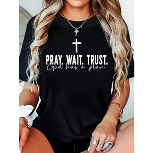 Christian Faith Graphic T Shirt Cross Pray Wait Trust Soft Cotton Crewneck Short Sleeve Tee Streetwear Casual Summer Daily Outfit
