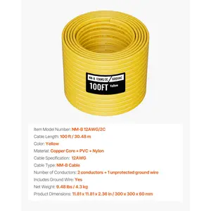 VEVOR NM-B Wire, 12AWG/2C Non-Mettalic Residential Indoor Electrical Wire with Ground, PVC Sheathed High-Purity Copper Core Cable, for Outlets, Switches, Other Loads Lighting Wiring Project(100 ft)