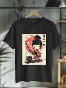 100% Cotton Cute Kawaii Samurai Girl with Katana & Cat Japanese Anime T-Shirt
