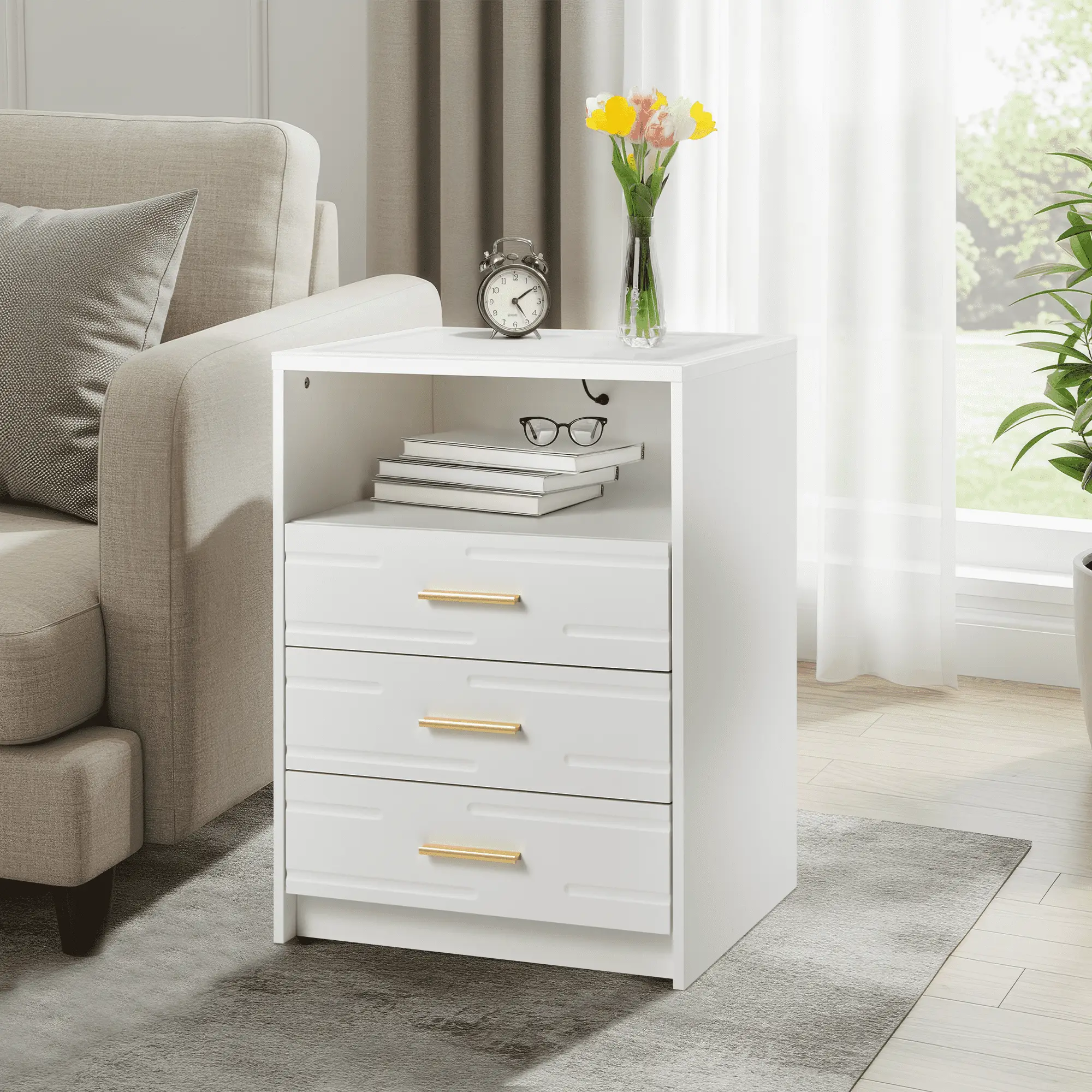 EROMMY LED Nightstand with Wireless Charging, Smart Bedside Table with Drawers & Adjustable LED Lights, Black and Gold Nightstand with USB & Type-C Ch