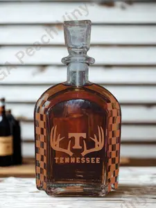 Tennessee Antler Whiskey Decanter 24oz Glass with Permanent Vinyl Antler Design & Checkerboard Pattern for Bar Cart or Gift