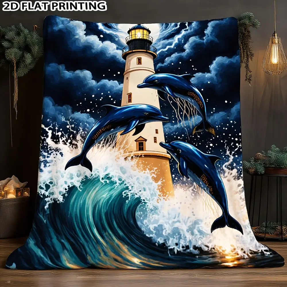Dolphin Lighthouse Ocean Blanket, Soft Flannel Throw Blanket with Blue Dolphin Wave Lighthouse Print, Cozy Gift for Kids Girls Teens and Ocean Lovers, Coastal Beach Room Decor for Bed Couch Sofa, Lightweight Warm Throw for Movie Night