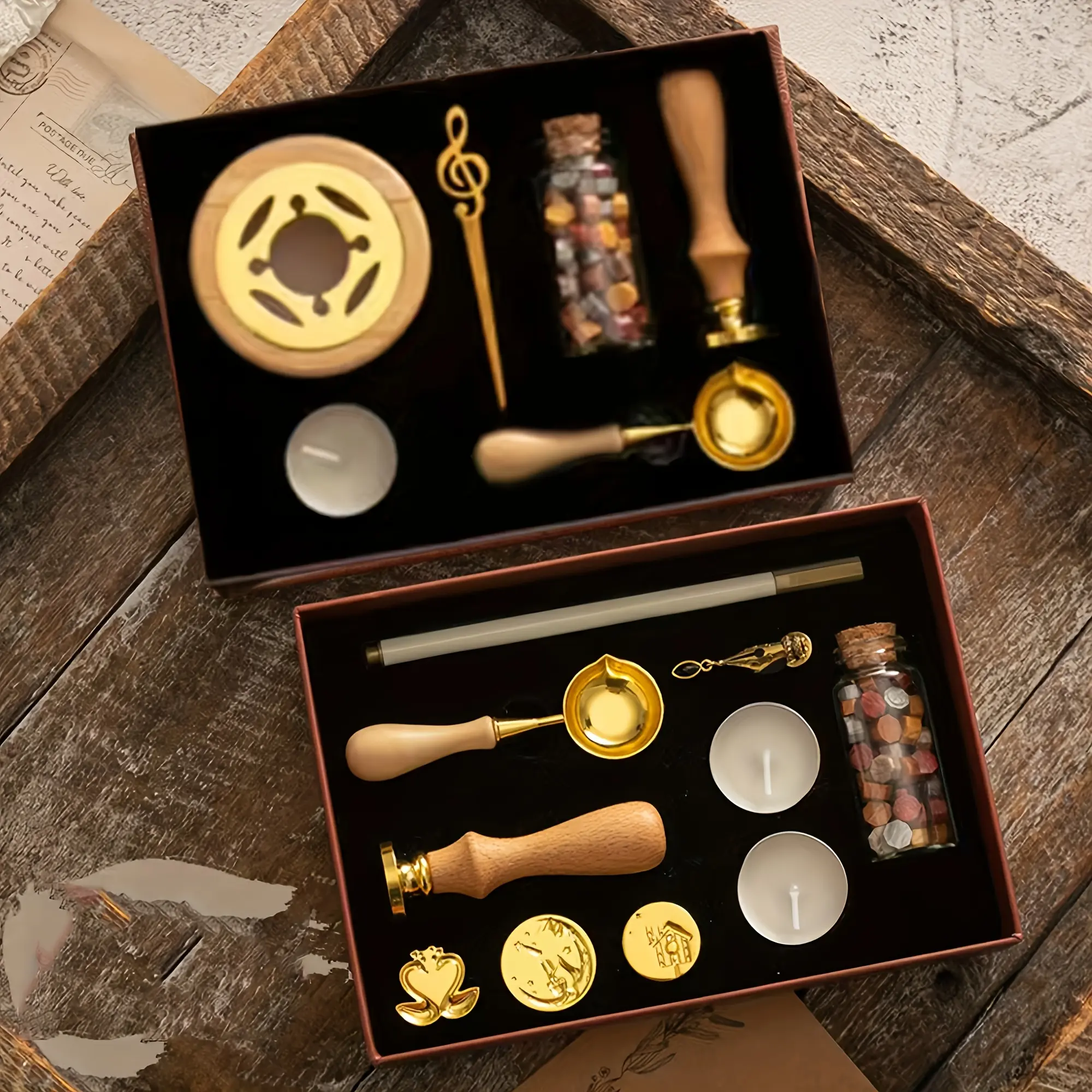 Metal wax seal set - Wood-colored stove and handle, melting spoon, 4 random caps, stirring needle, wax beads and candles, vintage diary and envelope gift set