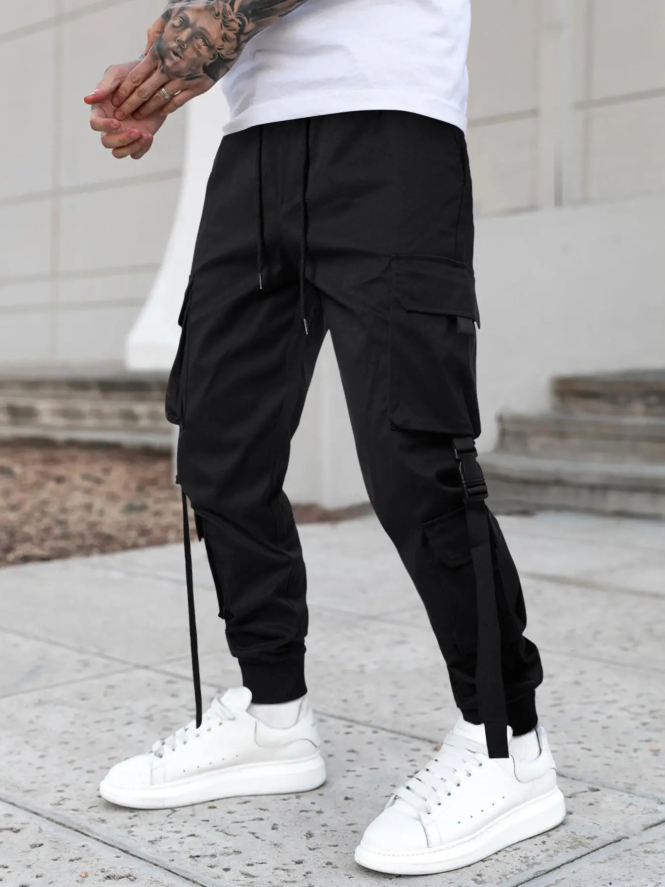 Men's Drawstring Elastic Waist Fitted Cargo Pants, Loose Buckle Tape Decor Flap Pocket Utility Trousers, Multi-Pocket Jogger Pants, Men's Trousers