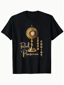 Men's True Body of Jesus Christ T-shirt - black with gold monstrance and cursive writing, 100% cotton, loose and casual style, sizes S-XXXL, Catholic religious clothing, suitable for church, mass and daily wear