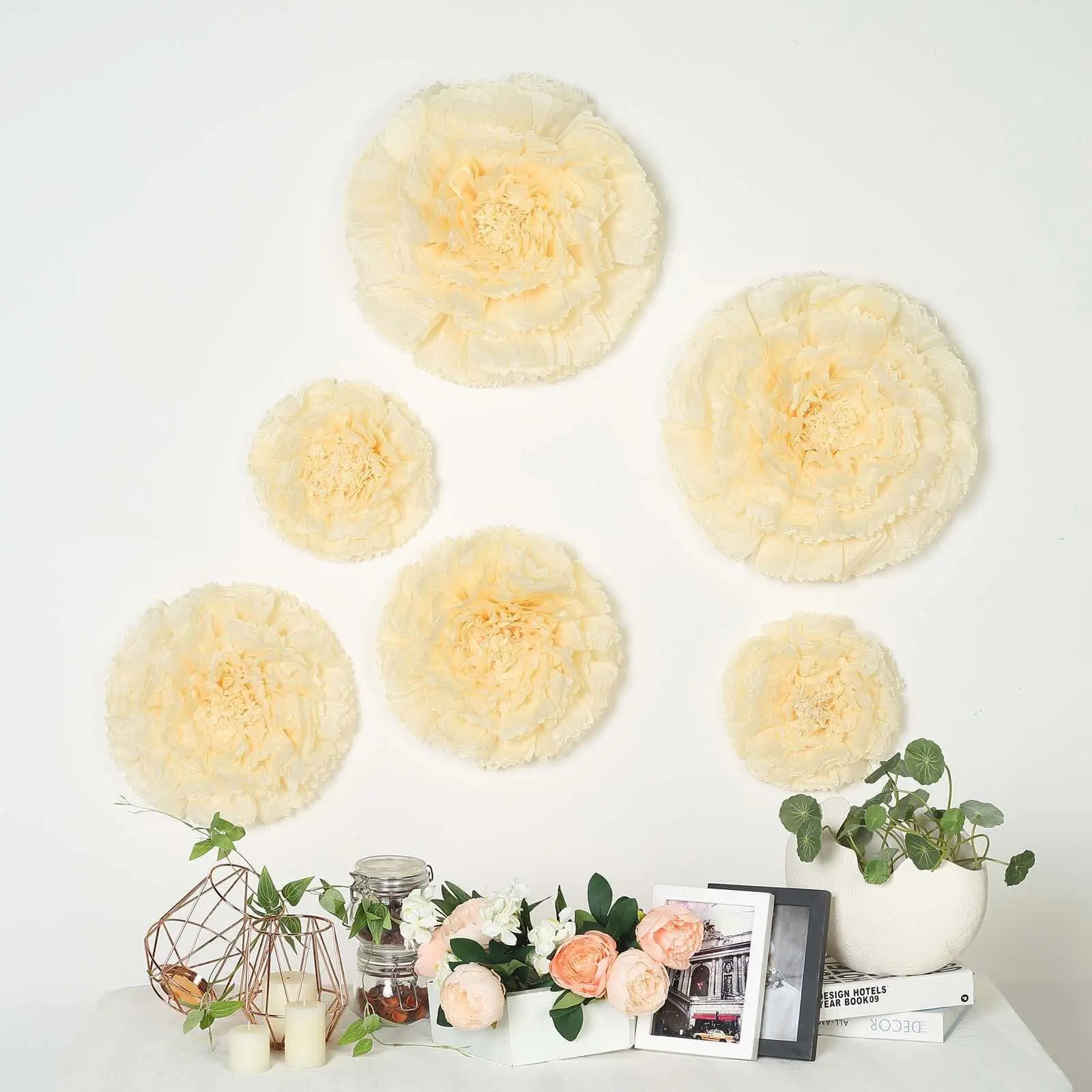 6-Piece Ivory Cream Giant 3D Effect Carnation Shape Decorative Paper Flowers Wall Decor - Floral Decor for DIY Crafters, 12in, 16in, 20in, Multi-Size, Six Pieces