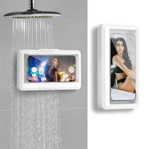 Shower Phone Holder Waterproof, Anti-Fog Touch Screen Wall Mount Case, 360° Rotatable Punch-Free ABS Phone Box for Bathroom Kitchen Bathtub Up to 7 Inch