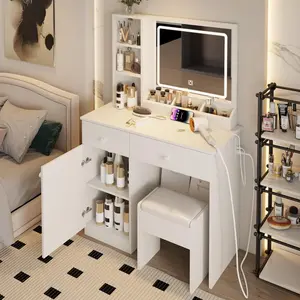 Makeup Vanity Desk Set with LED Lighted Mirror & Power Outlet, Makeup Vanity Table with 2 Drawers,1 Cabinet, Storage Bench,for Bedroom, Bathroom,White