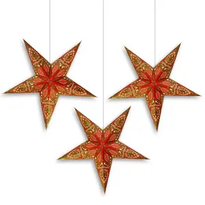 3-PACK | 24 Inch Paper Star Lantern, Red Green Twilight KIT with Triple Pendant Light Included