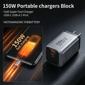 Portable Fast Charger 2-Port Multi-Device 150W GaN Super Fast Chargeing for Mac Book Charger USB-C USB-A for Dell Samsung Galaxy iPad Pro and More