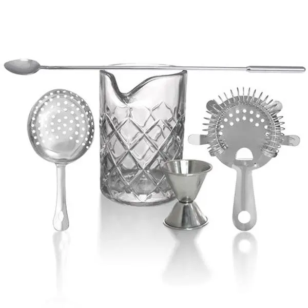 Classic 5-Piece High-End Bar Tools Set - Diamond Pattern Cocktail Stirrers, 13oz Oval Glass, Double-Sided Jigger, Home Master Mixology Set for Mixologists' Kitchen & Bar Use