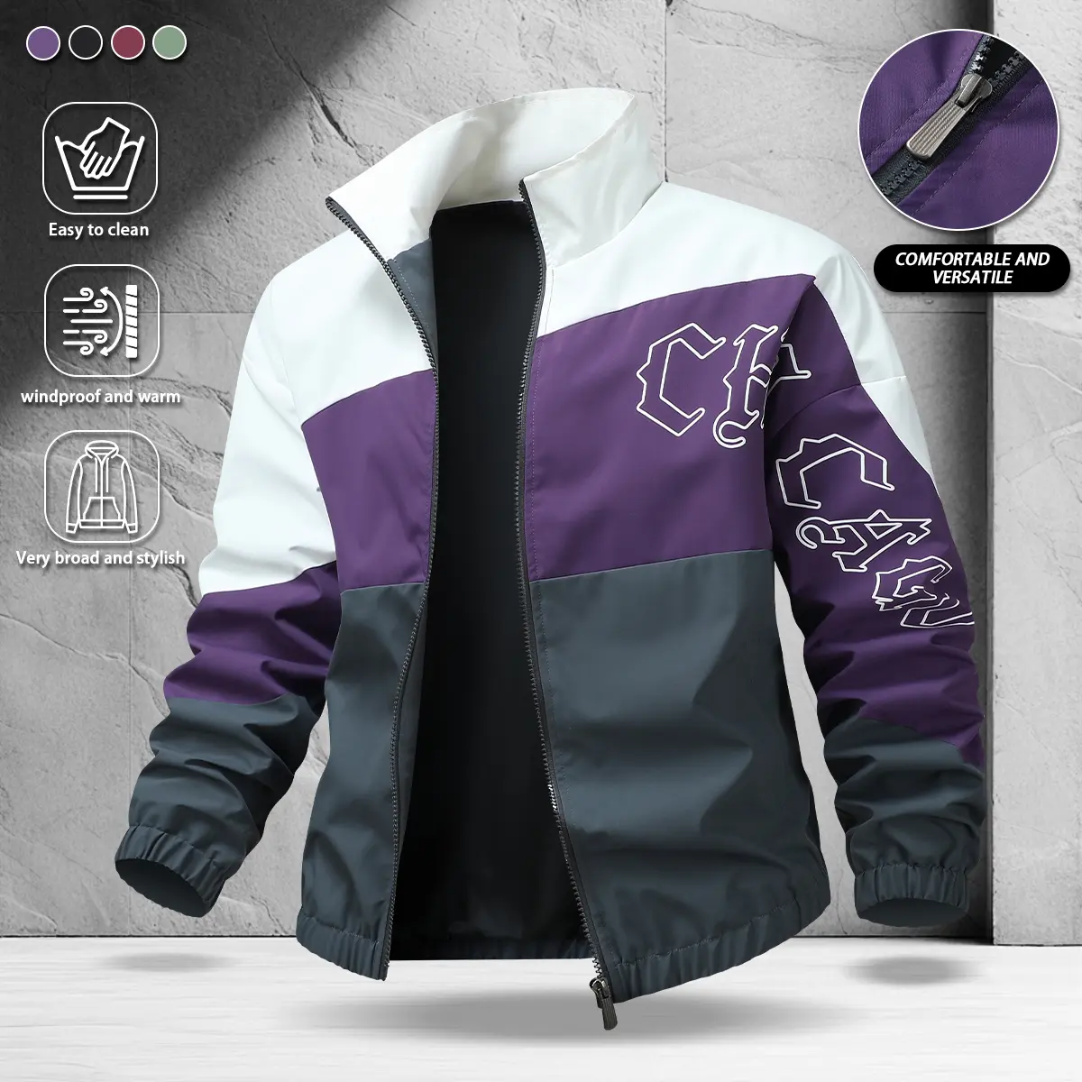 Men’s three-color patchwork stand collar jacket in purple, white, and gray; gothic letter print; loose fit; windproof men’s outerwear; high-street color-blocked stand collar sports jacket