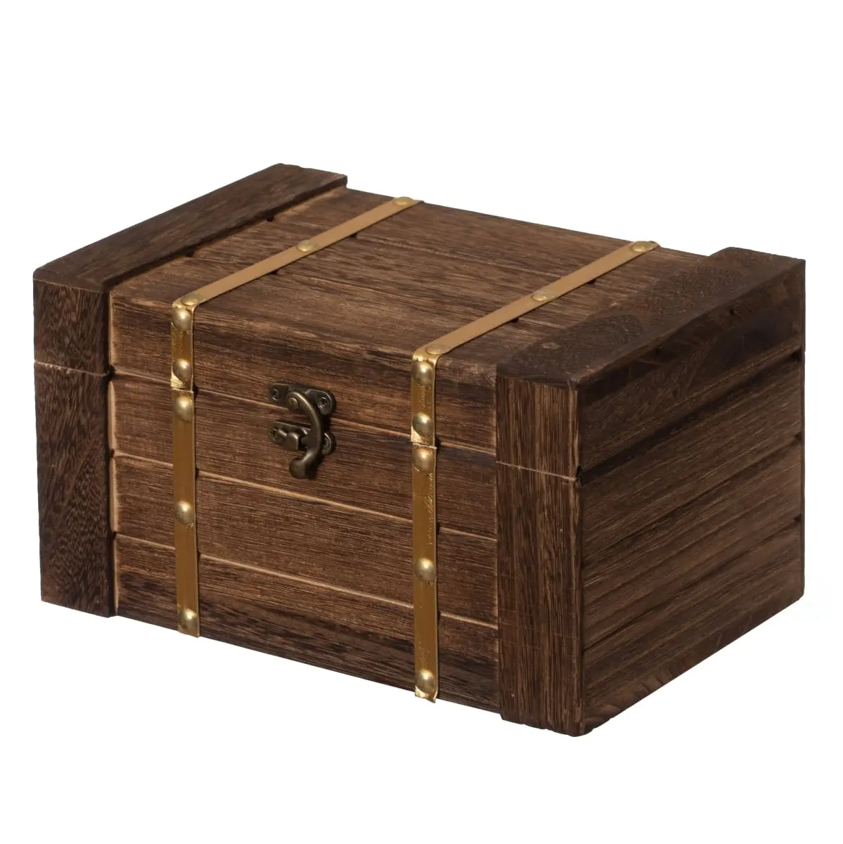 Vintiquewise QI004852 Decorative Treasure-Inspired Look Wooden Storage Box - 9x6x5", 1 lb Rustic Dark Wood Organizer with Lid, Metal Strap, Reinforced Corners, Smooth Lightweight Handle, Latch for Tabletop Dresser Trinket Jewelry Storage, Housewarmings