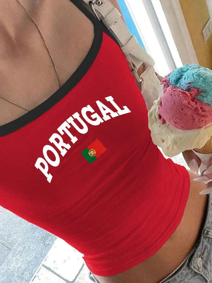 AESS Women's Graphic Portugal Flag Contrast Binding Cami Top Graphic Tees Women Tops