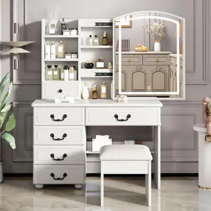 35.4" Makeup Vanity Desk with Mirror and Lights, Dressing Table Set with Stool, Makeup Table with 6 Drawers and Shelves Storage, 3 Lighting Modes, Brightness Adjustable, White