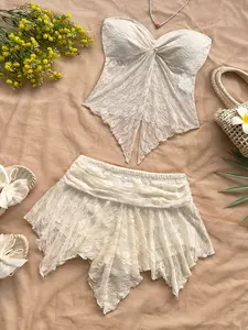 Elegant Lace Two-Piece Set, Bustier Top + High-Waisted Asymmetrical Skirt, Sexy Vacation, Casual Fitted Suit, Womenswear