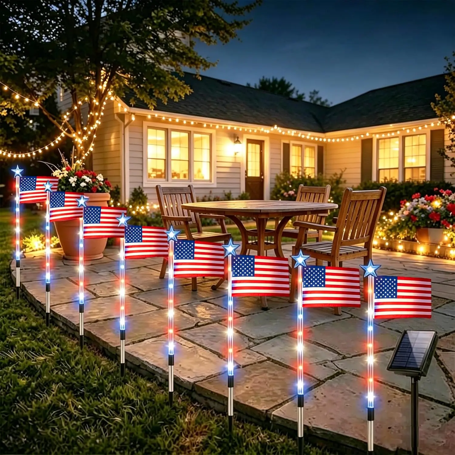 8-Pack Solar American Flag Pathway Decorative Lights - Patriotic Red White Blue Waterproof Outdoor Stake Solar LED Lighted Decor with 8 Modes for 4th of July, Memorial Day Gardens