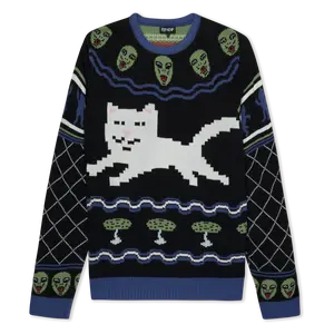 Lady's Long Sleeve Knitting Party Tops, Out Of This World Black Women's Knit Sweater