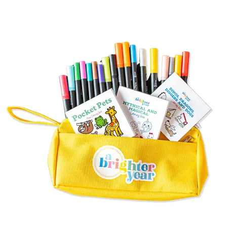 A Brighter Year 18pc Build Your Own Marker Coloring Kit Bundle - Portable Art Supply, Art Materials, Crafting Supplies with 3 x 3 Inch, 50 Pages Mini Coloring Books (Foodie Files, Home Grown, Mindful Moments) in Canvas Pouch for Coloring at Home