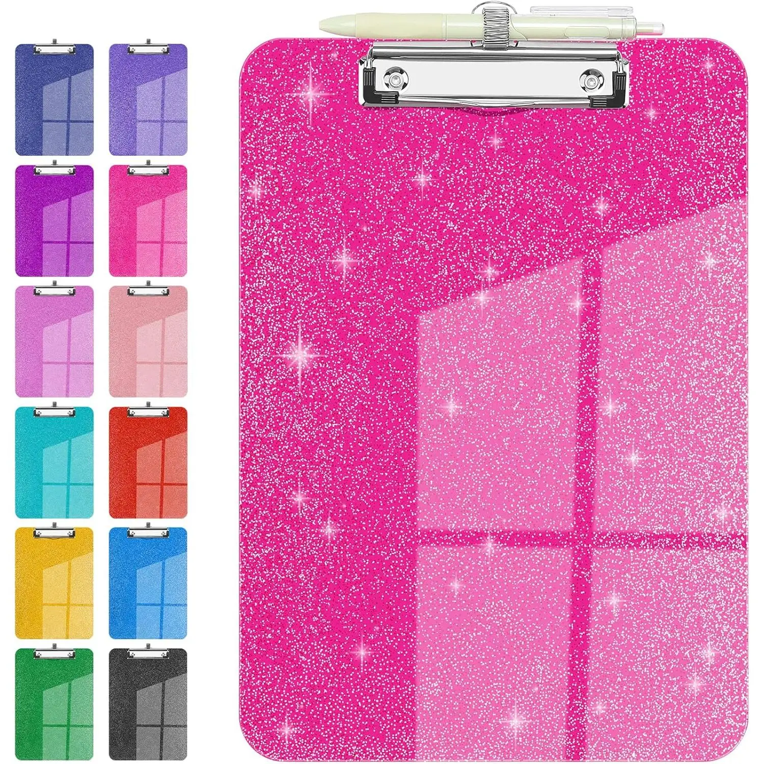 Sparkly Clipboard with Pen Holder, Clear Plastic Glitter Clip Board,  Shiny Clipboards with Low Profile Metal Clip, Letter A4 Size for Taecher Women Office School (Rose Red)
