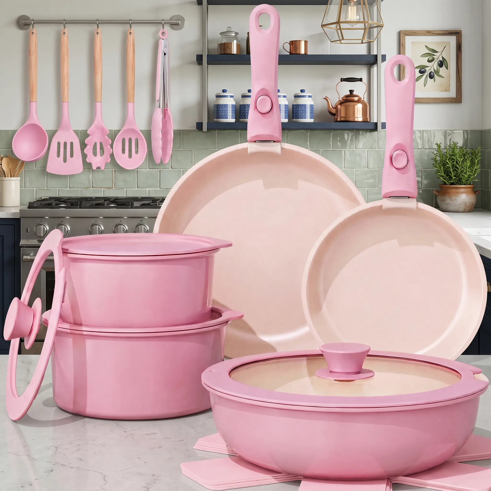 [Official] TAKSAT Multi-Size 19/21-Piece Ceramic Coating Non Stick Cookware Set, Nontoxic, Oven-Dishwasher-Induction Safe, with Removable Handles, Pot Trivets, Silicone Accessories, Frying Pan for Everyday Cooking, Contemporary Look Kitchen Supplies
