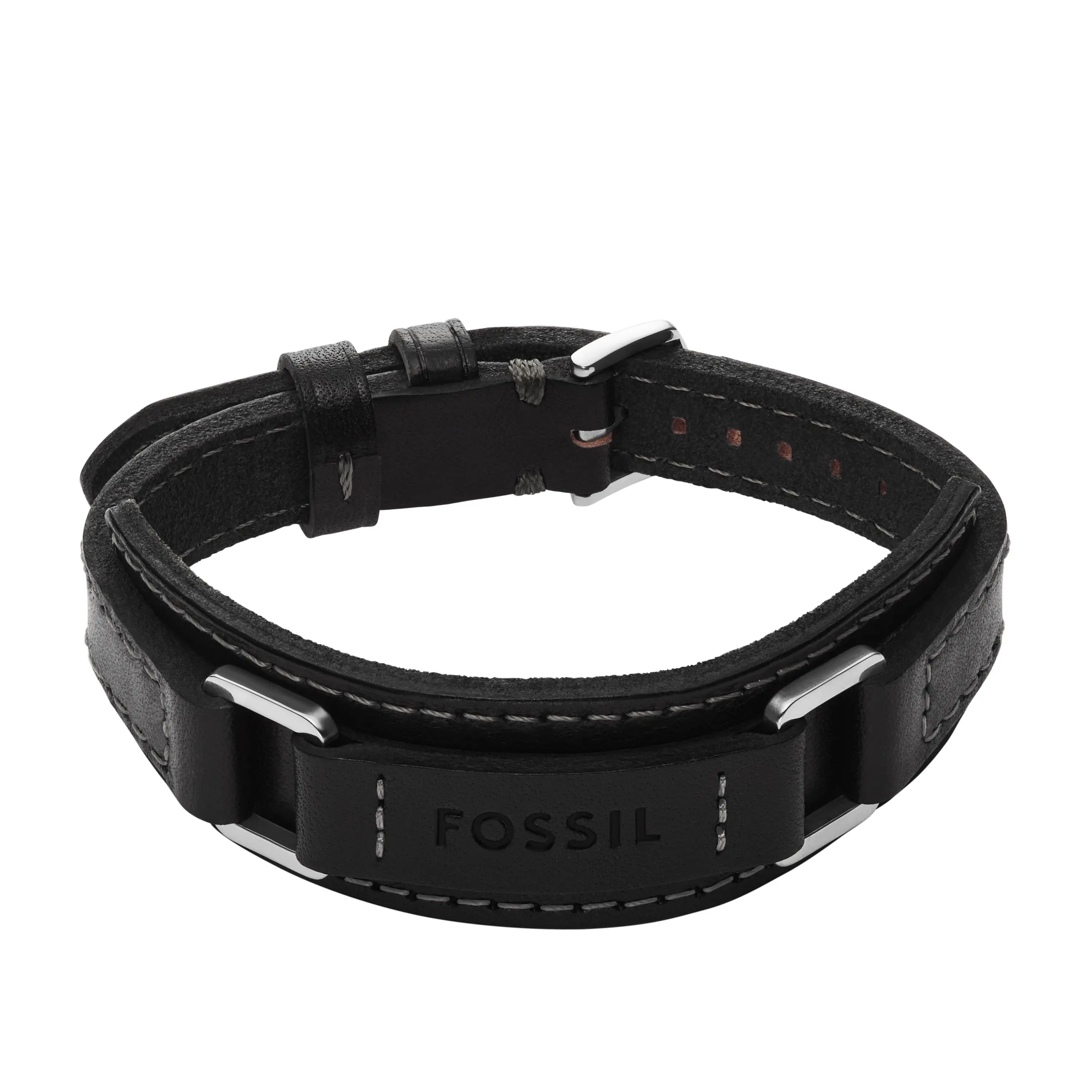 Fossil Men's Machine Rugged Stainless Steel and Black Padded Leather Strap Bracelet