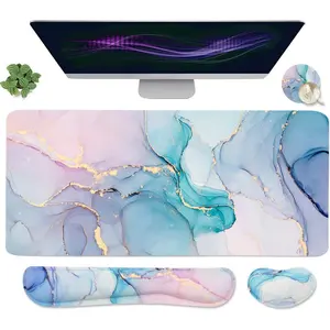 Large  Pad Desk Dad, 4-in-1 Keyboard Wrist Rest Pad & Wrist Support  pad Set, Extended Desk Pad  Desk Mat for  Office Study -Blue Marble