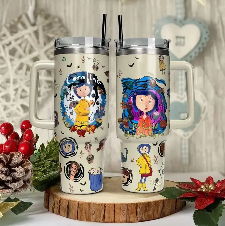 [Dark Fantasy Cartoon Style] Coraline Inspired Tumbler 40oz 20oz With Handle, Epic Cartoon Movie Inspired Artwork Stainless Steel Insulated Travel Cup With Straw Lid, Fantasy Fan Drinkware Gift