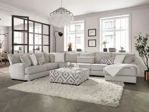 SM5171 Large Sectional Sofa with Chaise 3 pc Hermiston Grey Chenille Fabric Channel Tufted Back Cushions for Cozy Lounging