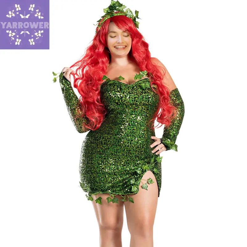 Women's V-Neck Regular Cut Green Sleeveless Fake Ivy Halloween Costume Set - Soft Polyester Short Dress with Leaves, Sequins, Headband, Lightweight, Hand Wash, Hang Dry for Outdoors (Halloween Costume Ideas)