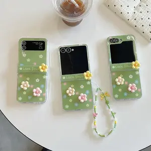 Cute 3D Flower Green Phone Case with Beaded Lanyard For Samsung Galaxy Z Flip 7 6 5 4 3 Foldable Protective Cover For Girls