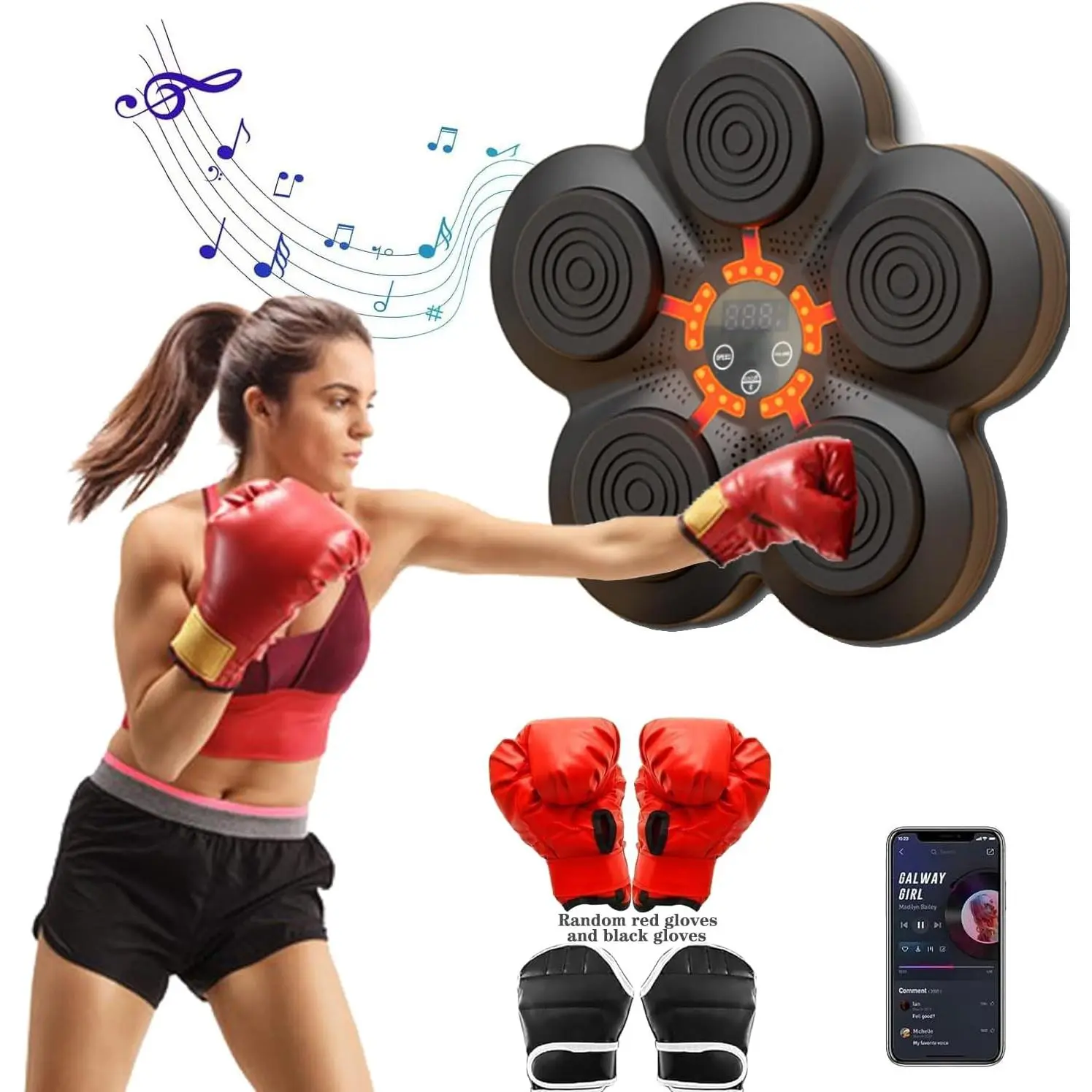 2024 Model Wall-Mounted Smart Bluetooth Music Boxing Machine with PU Leather Gloves, USB Cable, 18 Speed Settings, Electronic Punching Target for Home & Gym Calisthenics Workouts, Black, Boost Endurance, Built-In Speakers, 9 Modes