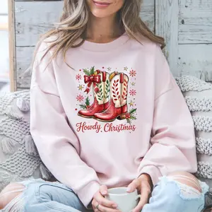 Howdy Christmas Sweatshirt - Western Cowgirl Boots Holiday Sweater for Women, Heather Dark Green Festive Country Outfit