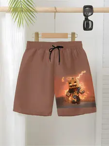 Boys' Quick-Dry Breathable Swimwear Trunks, Fluorescent Graffiti Ghost Face Design, Ideal for Beach & Pool Activities