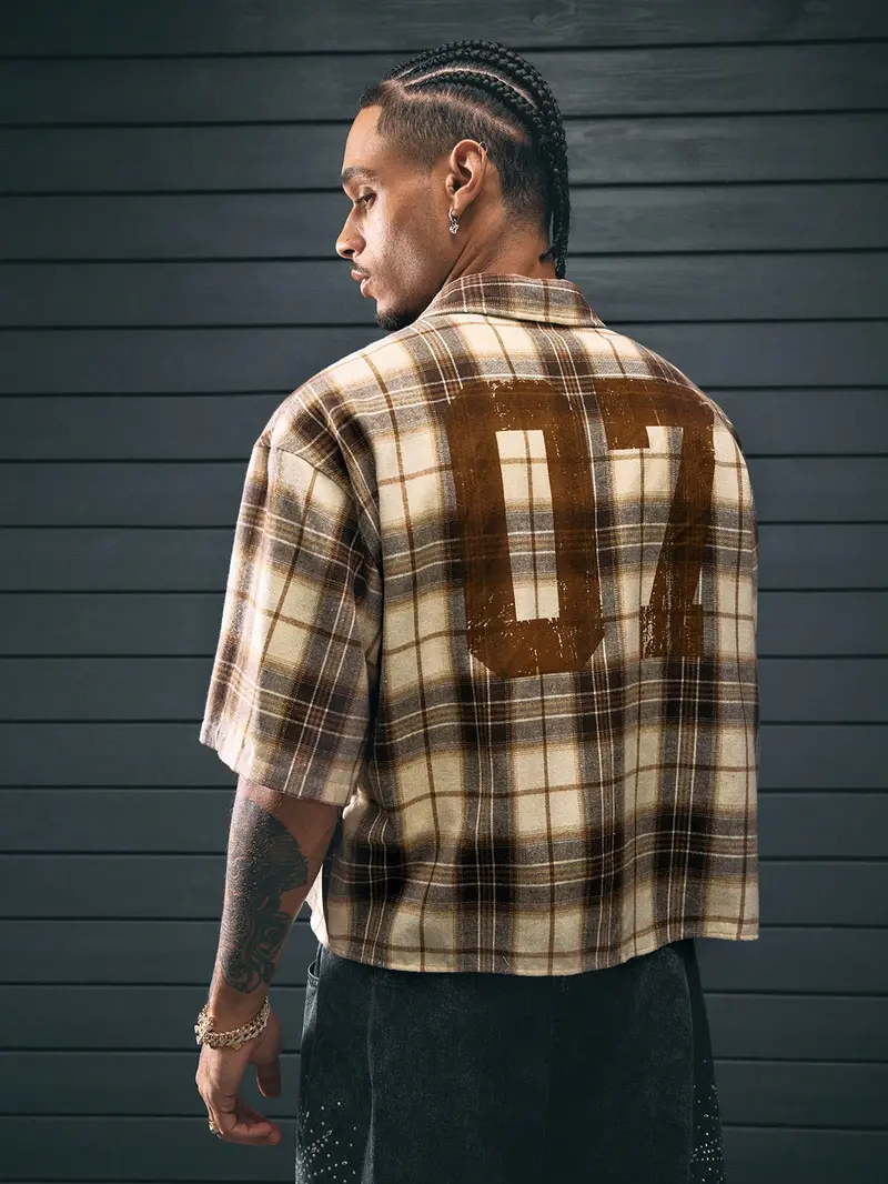 Cropped Plaid Number Graphic Button Down Shirts Short Sleeve Retro Preppy Crop Tops