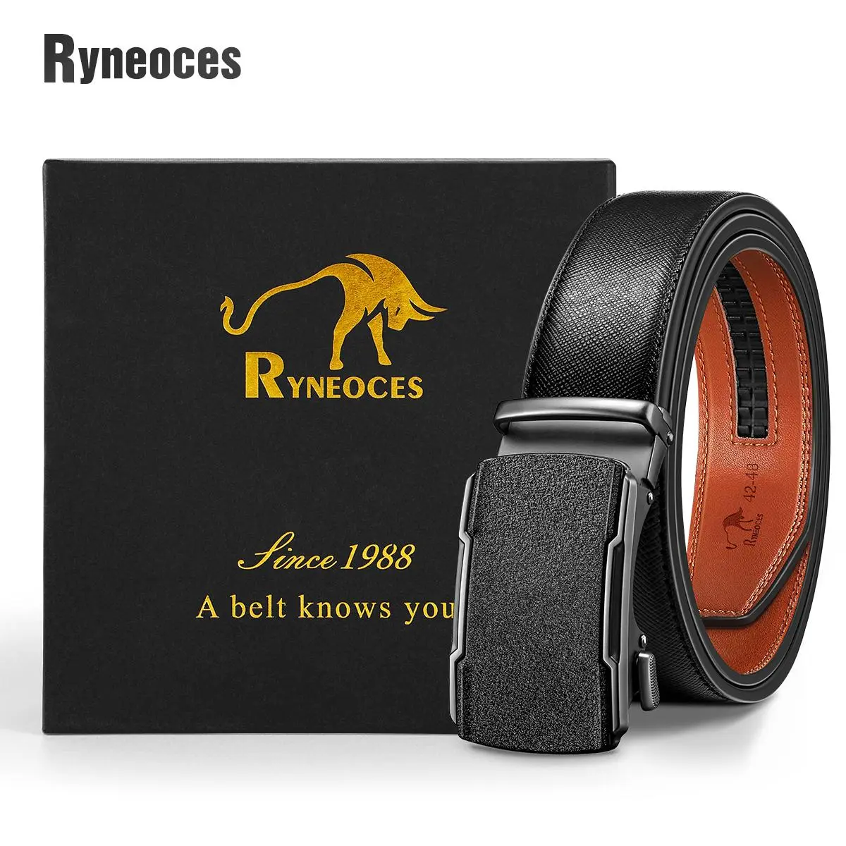 RYNEOCES Men's Ratchet Belt in Genuine Leather - Adjustable Designer Dress & Casual Accessory with Auto-Lock Buckle, Custom Fit, Unique Father's Day Gift, Gifts For Boyfriend