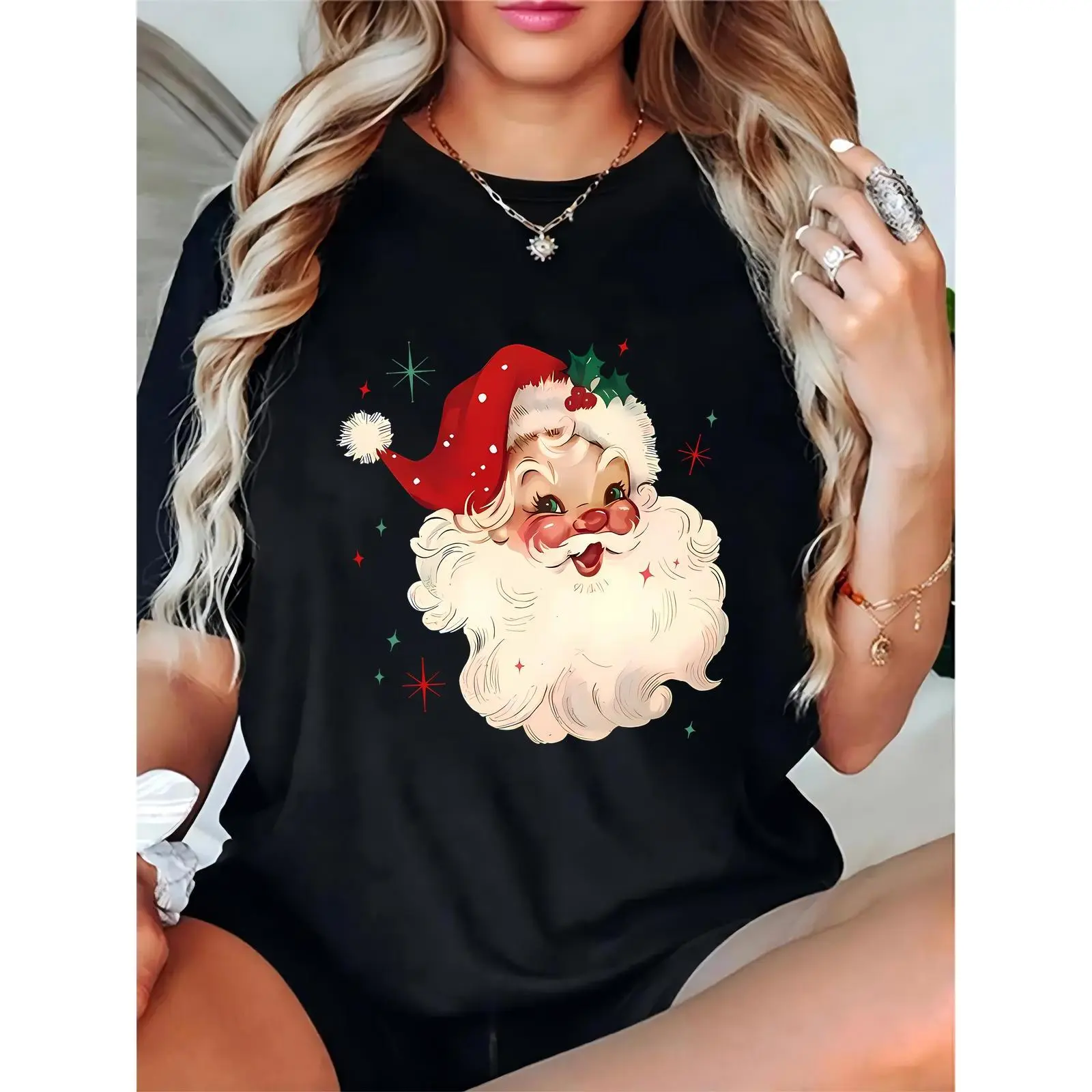 Women's 100% Cotton Vintage Santa Claus Graphic Round Neck Shortsleeve Tshirt - Casual Relaxed Comfortable Breathable Festive Top for Christmas Parties, Pair with Skirts