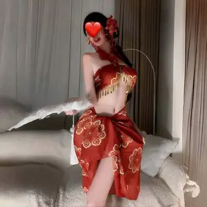 Sexy Lingerie: Red Cheongsam Teddy Lingerie Set, Perspective Mesh, Dunhuang Style Costume Teddy Set