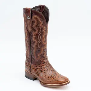 TANNER MARK WOMEN’S Hand Tooled Classic Cognac Cowgirl Boots Whit Marble Cognac Top