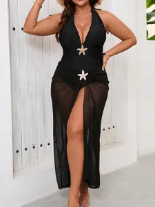 【Plus Size】 Metal Starfish Decor One-Piece & Cover Up Skirt Swimsuit, Plus Boho Style Swimwear Coverups for Beach Holiday Vacation, Women's Plus Swimsuit for Summer
