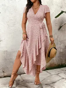 Fashion Feminine Bohemian Floral Wrap Midi Dress with Ruffled Flutter Sleeves, Curve Plus Size Casual Summer Dresses Y2K Clothes Vacation Outfits Trendy Street Style Daily Date Wear Elegant Evening Party Wear