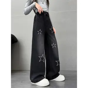 Girls' Y2K Retro Wide-Leg Jeans, 5-Pointed Star Embroidery Print Bottoms, Loose Straight Clothes for Students, Versatile Daily Wear Suitable for Spring, Summer, Autumn