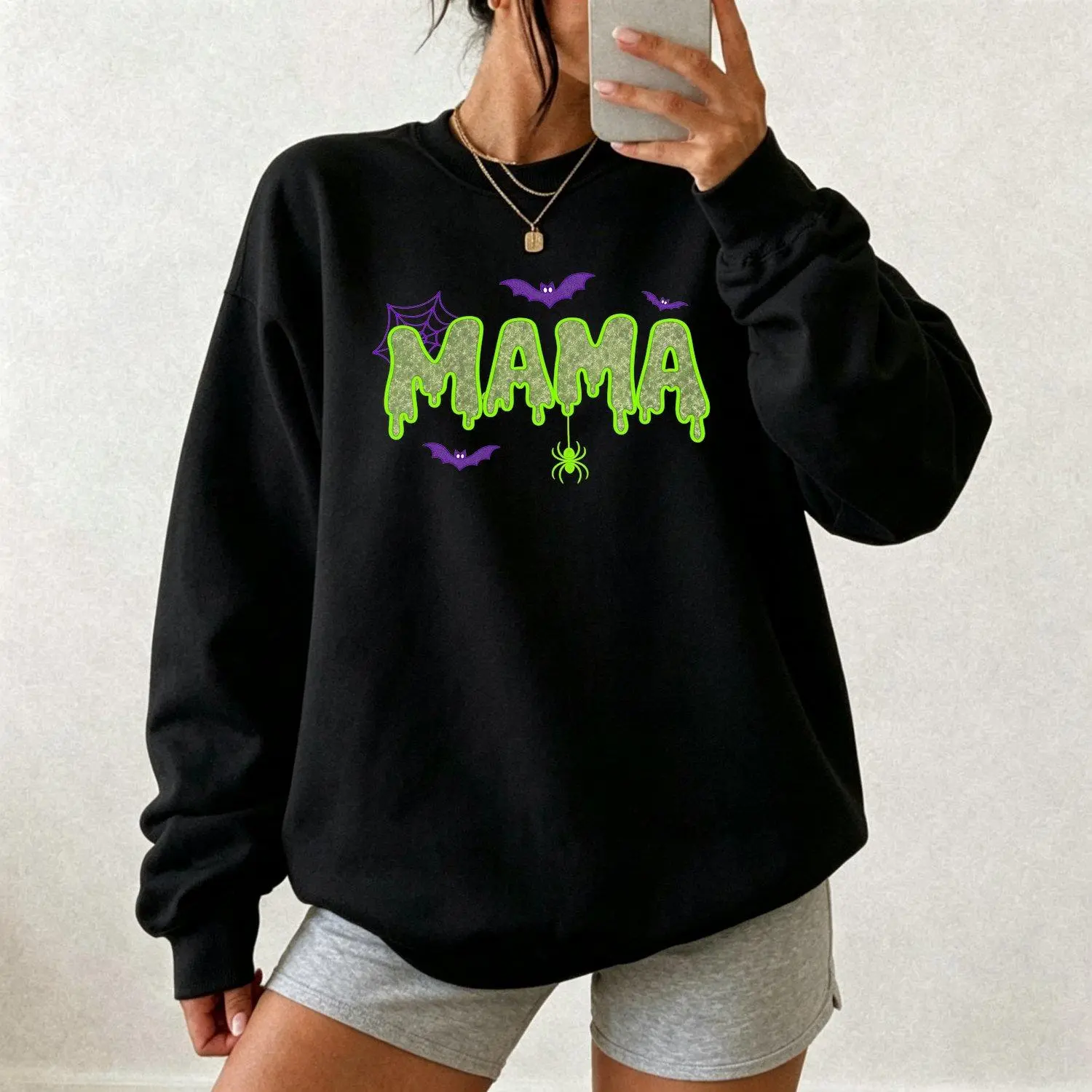 Mama Halloween Glitter Embroidered Halloween Mama Women's Sports Sweatshirt Crewneck Casual Athletic Pullover  Top, Crewneck Sweatshirt, Sweatshirts For Women