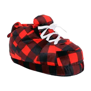 Hipster Plaid Slippers Red & Black Plush Sneaker for Men & Women - Non-Slip Sole, Thick Memory Foam, Plush Velvety Material, Perfect for Bedroom & Walking Shoes