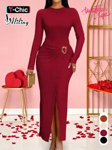 Aliling Women For Dresses Round Neck Long Sleeve Slim Fit Slit Hem Long Dresses for Lady, Solid High Waist Bodycon Side Slit Slim Female Elegant Party Clothing Casual, Elegant Formal Dress Evening Party Dresses