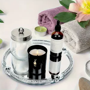 Rhinestone Inlaid Glass Tray, Round Mirror Bathroom Countertop Organizer, Perfume Jewelry Crystal Tray for Dressing Table, Home Decor, Parties, Weddings, Hotel Events